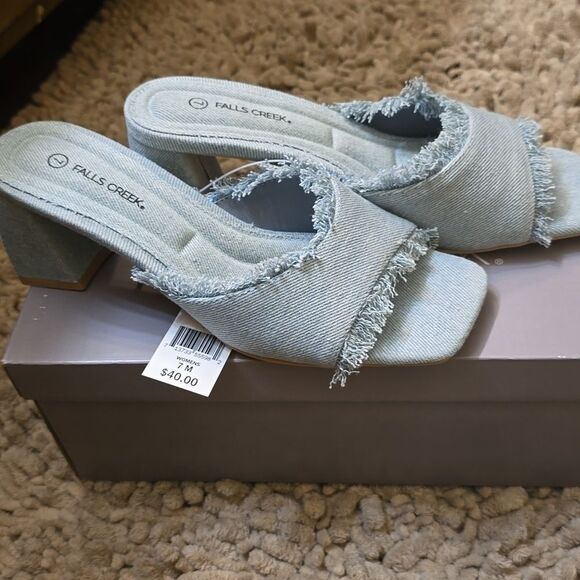New Falls Creek women's size 7 Fringe Denim Slide 3‎ inch chunky Heel shoe - Picture 3 of 6